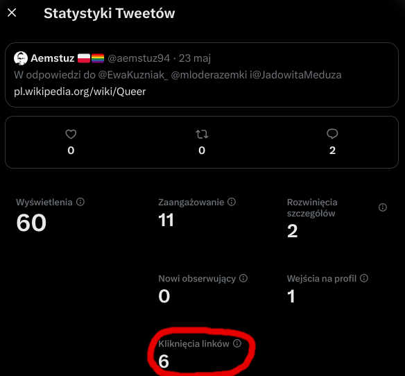 Statystyki Tweetów
Wyświetlenia: 60
Kliknięcia linków: 6