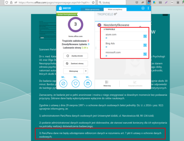 screenshot - strona forms.office.com - informacja o prywatności twrócy ankiety v.s. faktyczna prywatność wg skryptów śledzących ze strony.