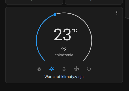 Fragment interface'u home assistanta, pokazujący kartę do sterownia klimatyzacją