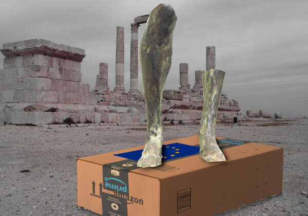 A desert ruin. In the foreground is a huge Amazon box, with an EU flag in place of its shipping label. Atop the box are the feet and partial legs of an Oxymandias figure.

Image:
Rama (modified)
https://commons.wikimedia.org/wiki/File:Gladiator_with_sword-Louis_Ernest_Meissonnier-MG_1216-IMG_1223-white.jpg

CC BY-SA 3.0
https://creativecommons.org/licenses/by-sa/3.0/fr/deed.en
